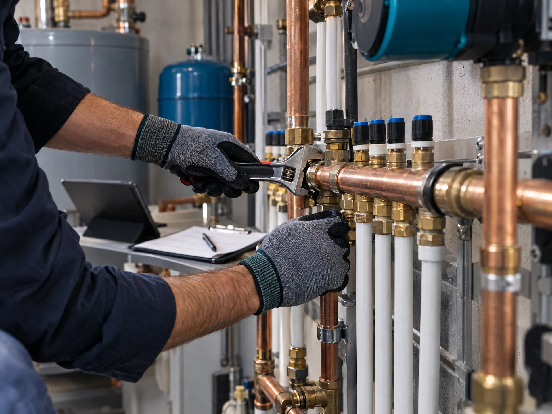 Illustrative plumbing service work with pipe fittings and technician tools